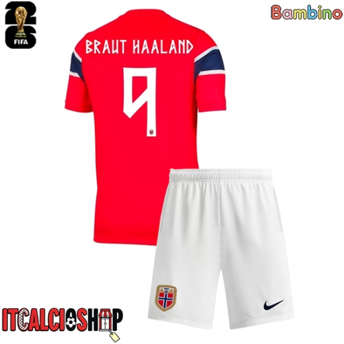Norvegia Erling Haaland #9 Prima Maglia Bambino Mondiali 2026 Manica Corta (+ Pantaloni corti)